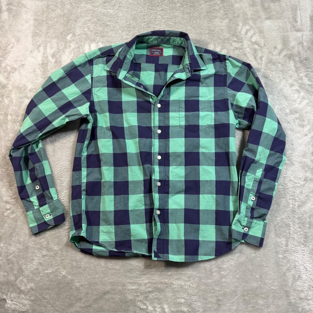 UNTUCKit Button Down Mens Medium Green Navy Blue‎ Buffalo Plaid Cotton Shirt